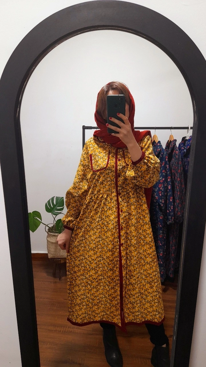 پیراهن مخمل کبریتی شهرزاد( رنگ خردلی طرح ۲)