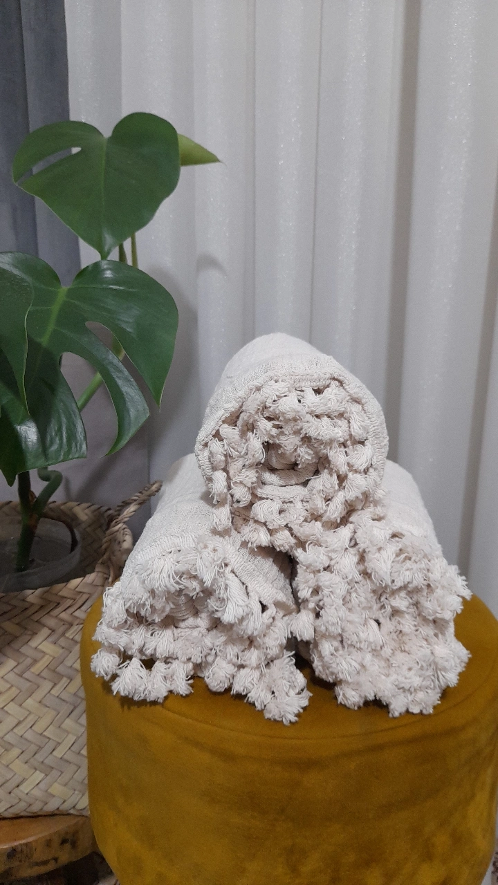 شال منگوله دار الیاف طبیعی ۳متری( کرم استخوانی)
