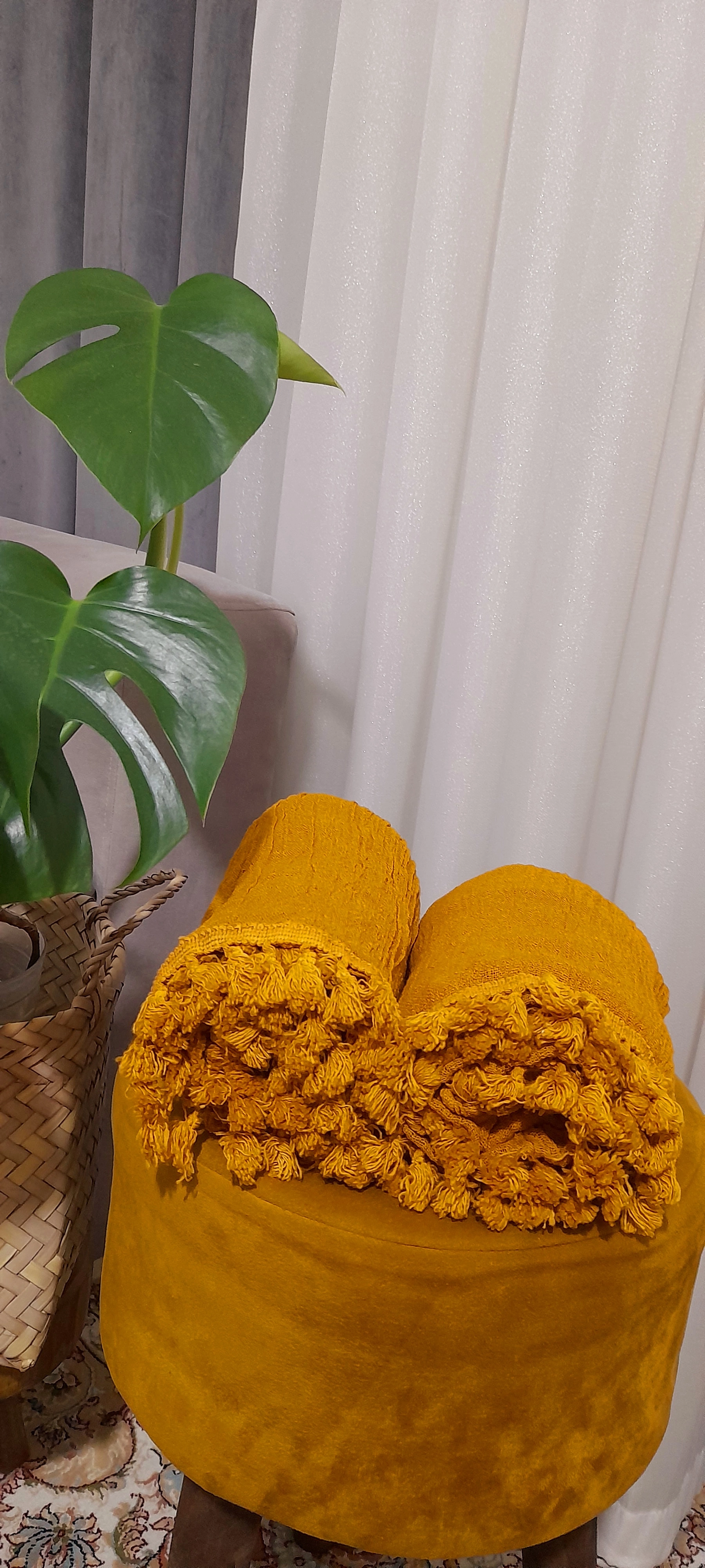 شال منگوله دار الیاف طبیعی ۳متری( خردلی روشن)