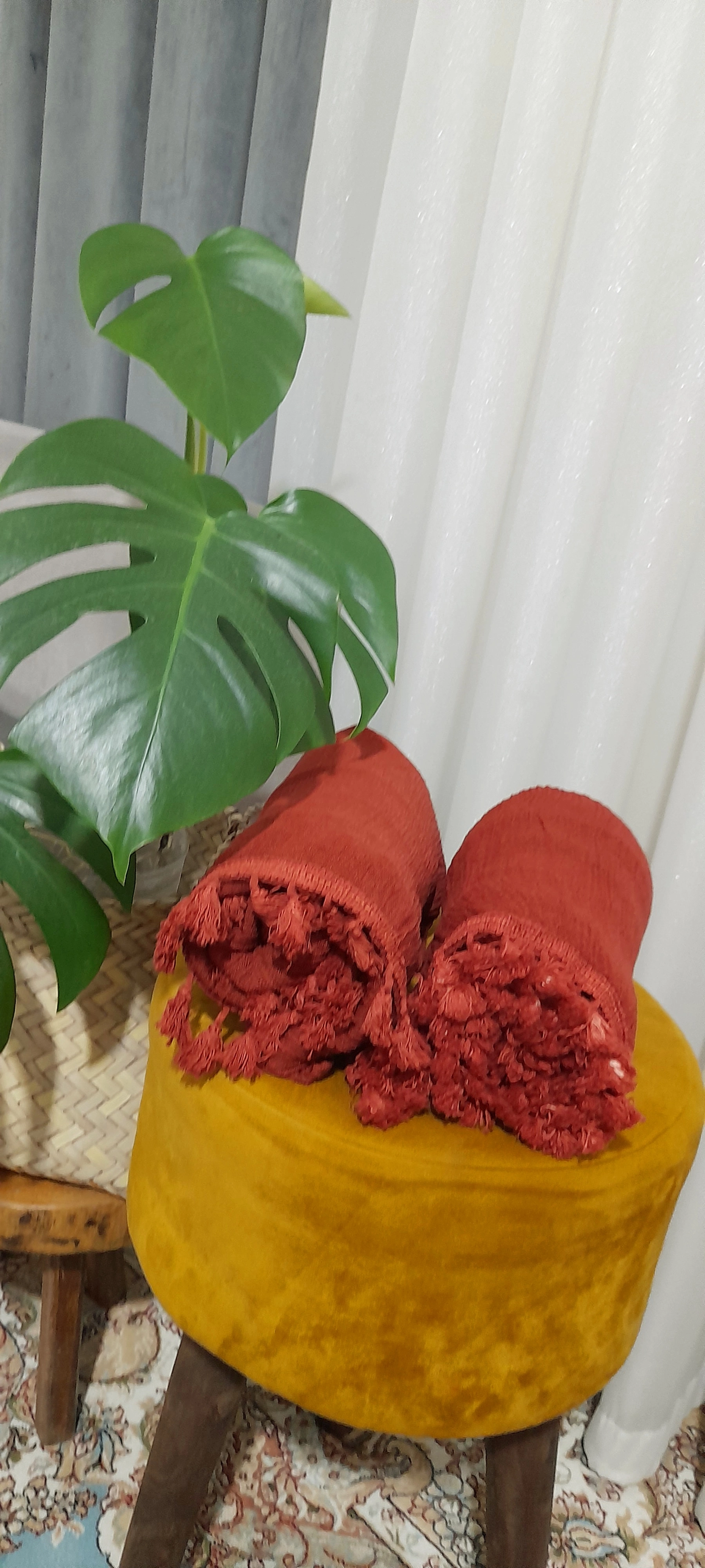 شال منگوله دار الیاف طبیعی ۳متری( آجری)